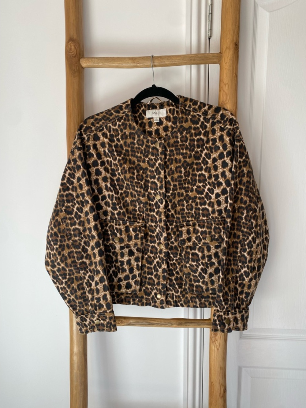 Marks & Spencer Leopard Print Collarless Button-Up Denim Jacket Size 8 Fall